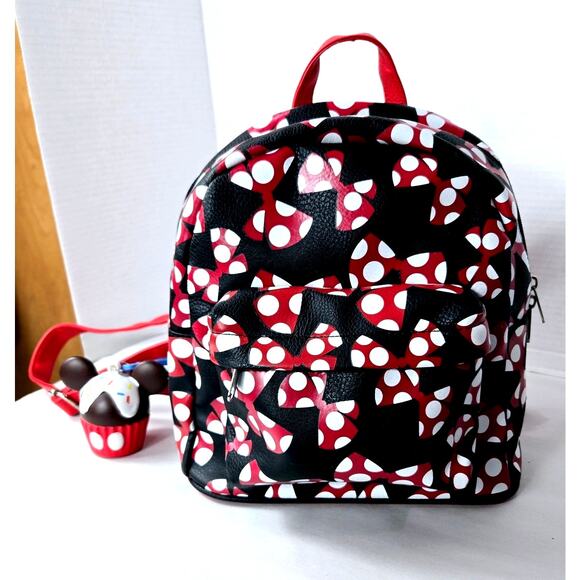 Disney Parks Backpack Minnie Mouse Large Bow Bag w/ Mickey Cupcake Keychain - Picture 4 of 13
